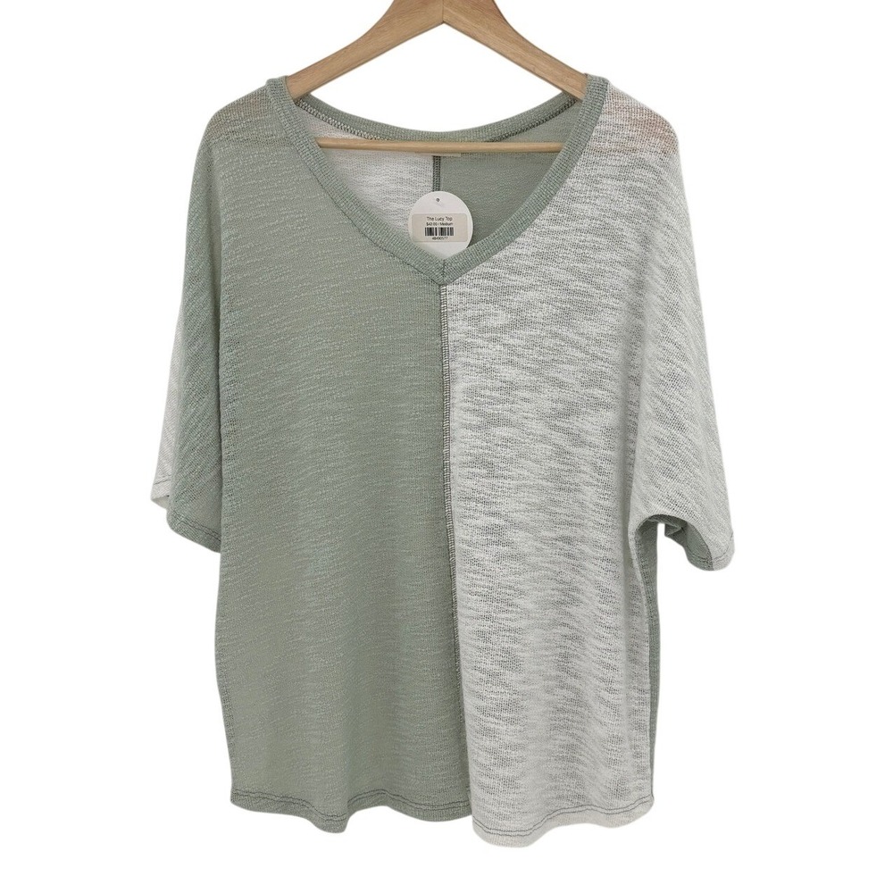 Jodifl The Lucy Top Sage Green White Colorblock V-Neck Knit Tee P8148 NEW Large
